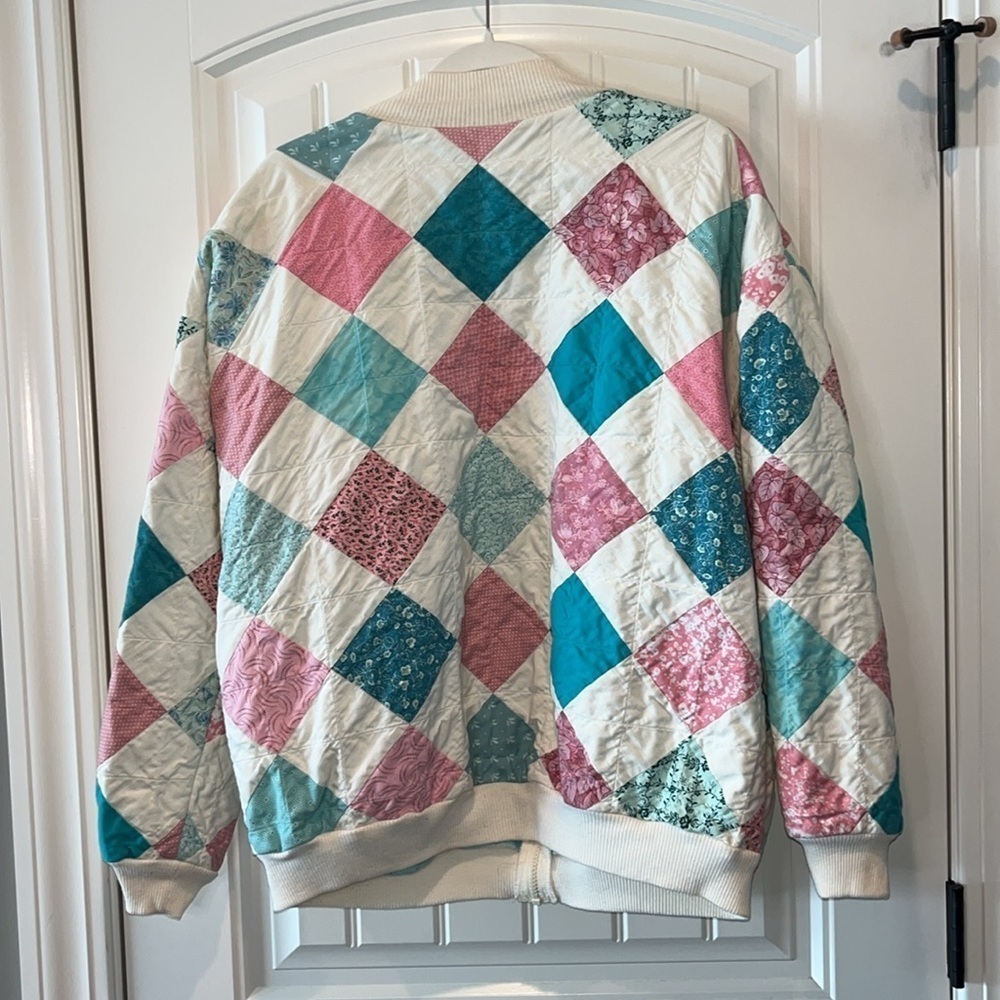 Vintage boho folk grandma quilt square pink teal patchwork zip jacket XL XXL - Picture 14 of 14